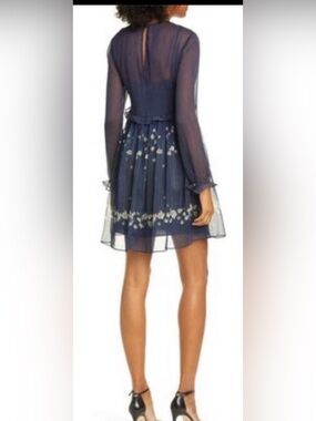 Ted Baker Navy Floral Long Sleeve Chiffon Dress
